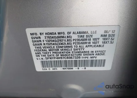 2012 Honda Pilot Touring from USA, damaged, VIN 5FNYF4H97CB067339